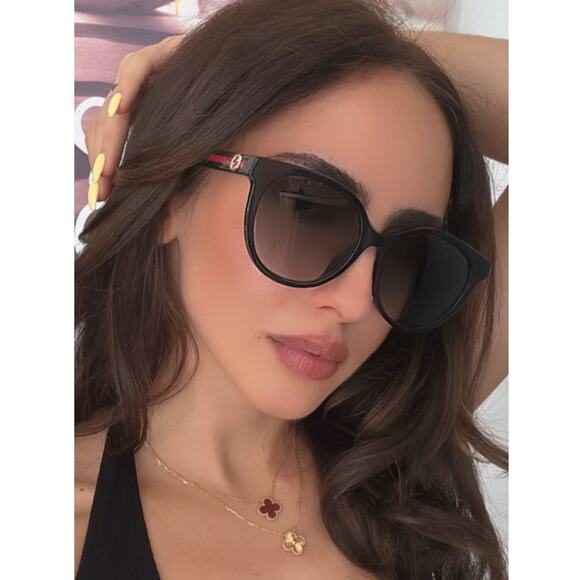 NEW GUCCI GG0702SKN Black Striped Arm Cat Eye Sunglasses